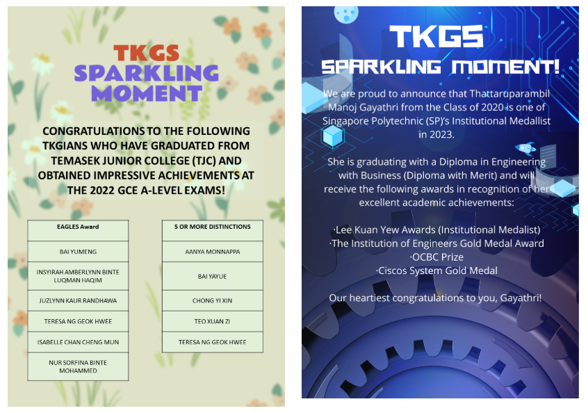 Poster listing our alumni TKGian who have done well after graduating TKGS